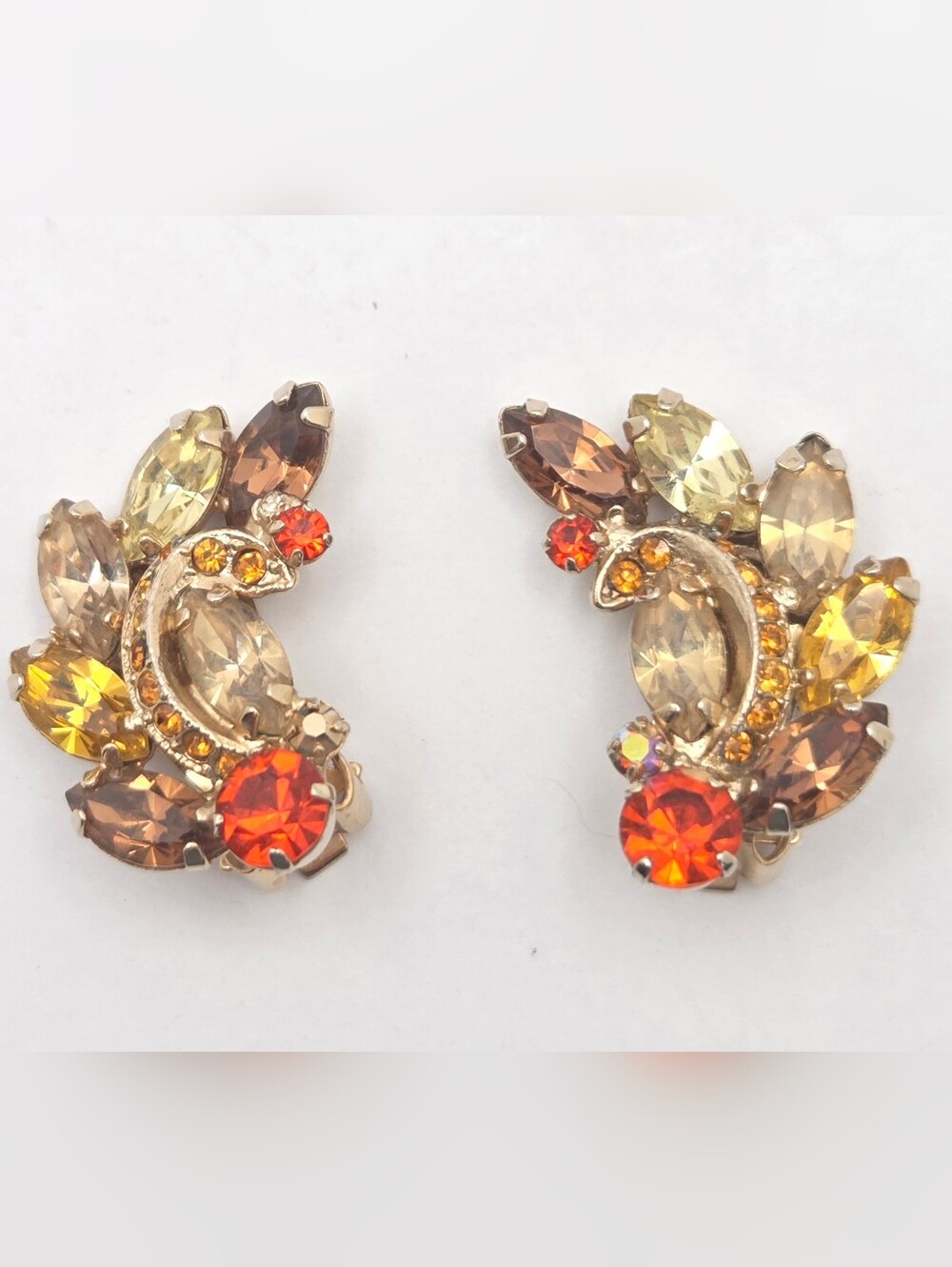 Vintage WEISS Clip On Earrings Marquise Rhinestones Topaz Brown Orange Gold